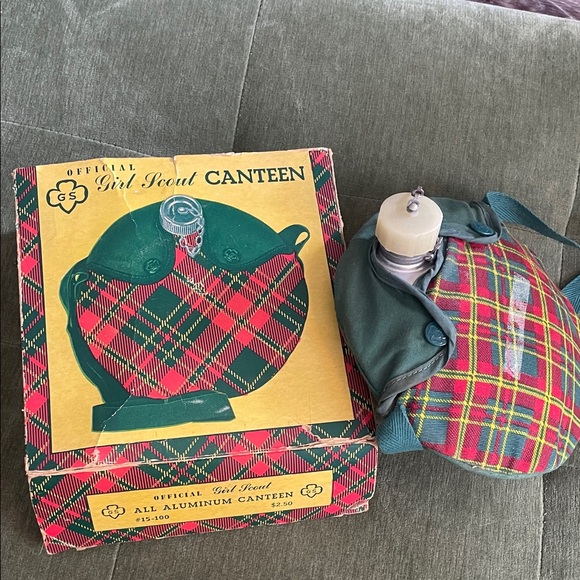 Girl Scout Canteen Vintage #15-100 Aluminum Original Box Plaid Cover Scouts - Picture 1 of 8